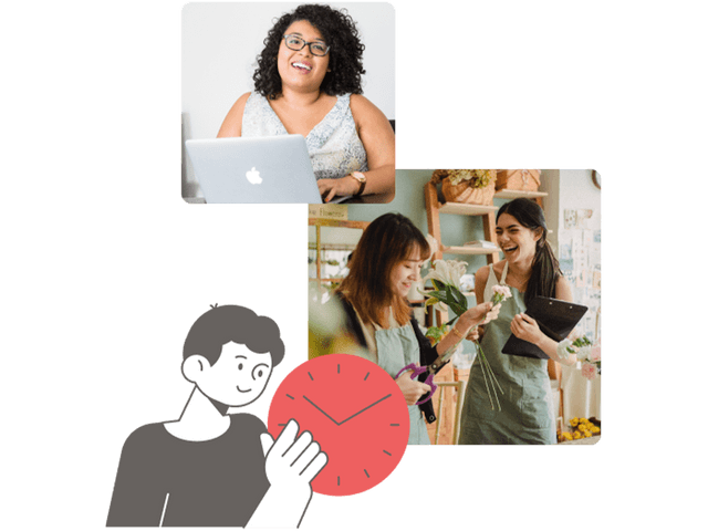 Two images depicting happy employees and an illustration