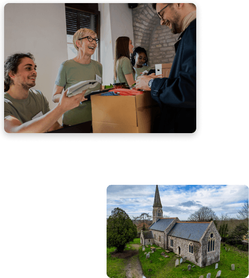 An image showing charity group and a church