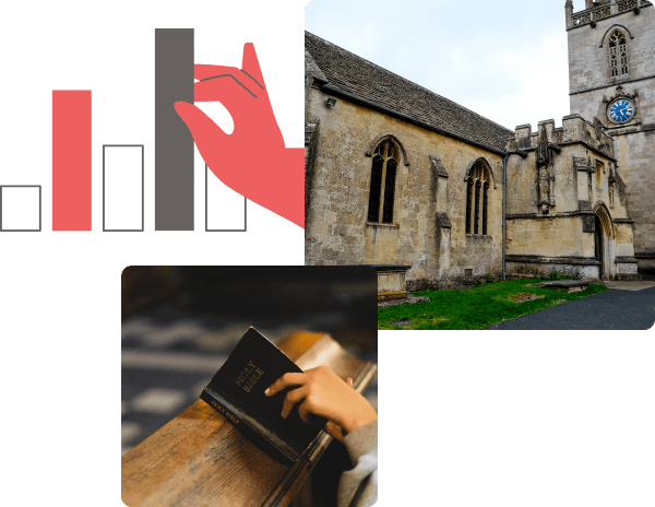 A decorative image displaying a local church and a bible